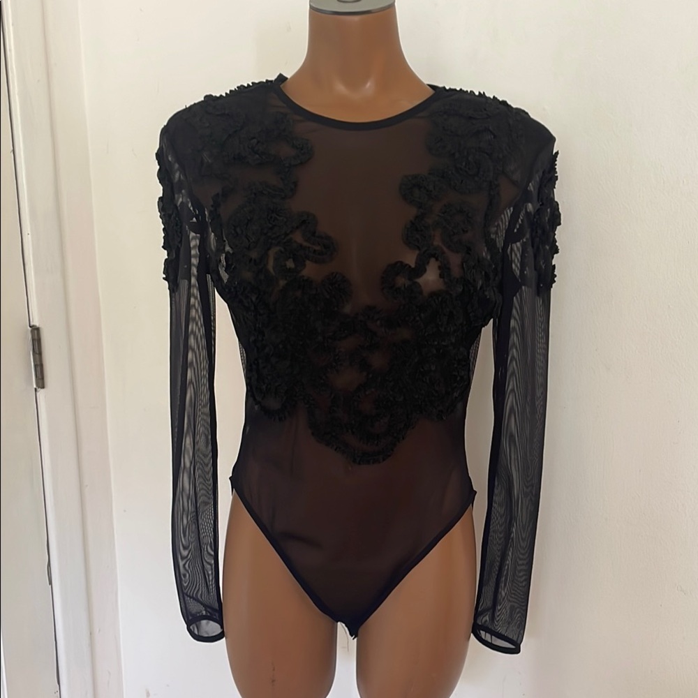 Elegant Black Sheer Lace Bodysuit